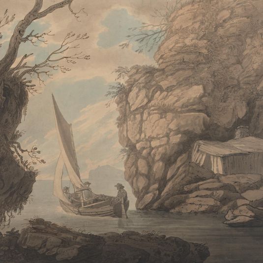A Sailing Dinghy with Three Men Leaving a Rocky Inlet