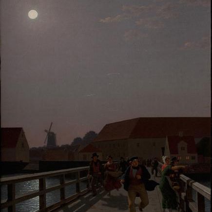 Langebro, Copenhagen, in the Moonlight with Running Figures