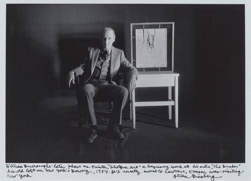 William Burroughs' later phase as painter, "Shotgun art" a beginning work at his side, "The Bunker" his old loft on New York's Bowery, 1984. He'd recently moved to Lawerence, Kansas, was visiting New York.