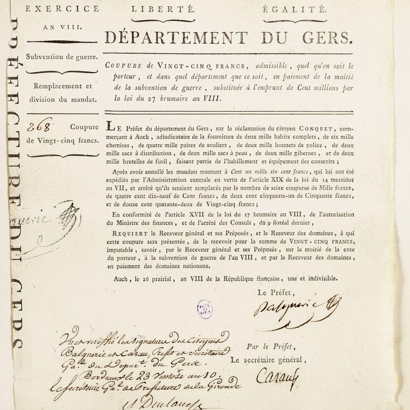 Bon au porteur de 25 francs (valeur imprimée), 268 Coupures de 25 francs, département du Gers, an 8