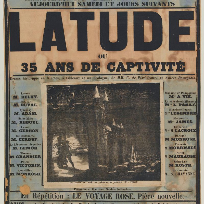 BOUFFES DU NORD/ 209, FAUBOURG SAINT-DENIS, 209/ Direction HAMBURGER et BOURDEILLE, des Variétés/ Bureaux: Le Dimanche, à 7 heures.- En semaine, à 7 heures 1/2.- Rideau à 8 heures./ AUJOURD'HUI SAMEDI ET JOURS SUIVANTS/ LATUDE/ OU/ 35 ANS DE CAPTIVITE/...