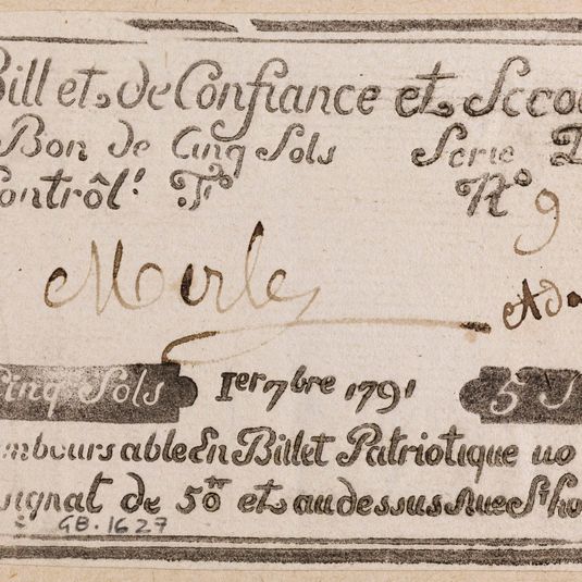 Billet de confiance et de secours de 5 sols, caisse de confiance du 695 rue Saint-Honoré, série D, n° 918-P, 1er 7bre 1791