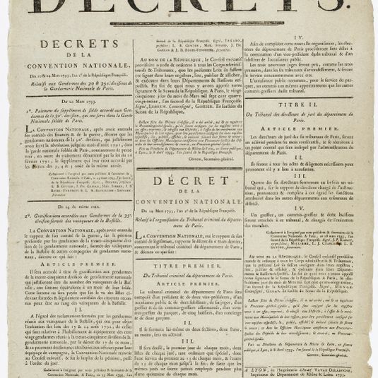 N°. 619 & 620./ DECRETS/ DECRETS/ DE LA/ CONVENTION NATIONALE,/ Des 20 & 24 Mars 1793, l'an 2e de la République Françoise [sic]./ Relatifs aux Gendarmes des 30 & 35e. divisions de/ la Gendarmerie Nationale de Paris.