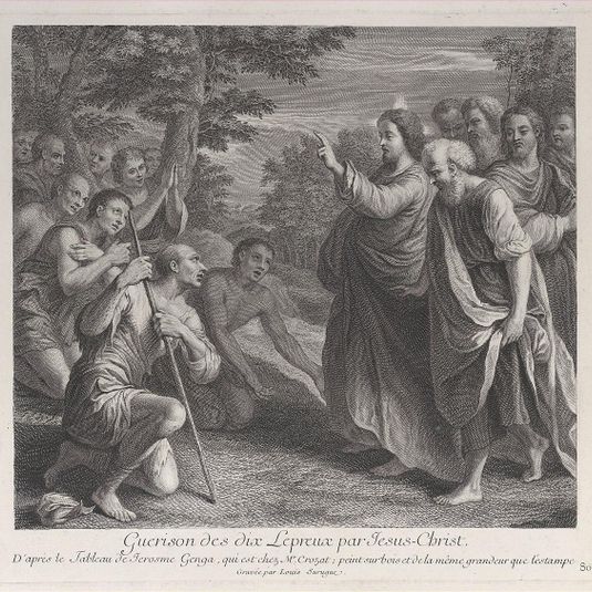 Healing of the ten lepers by Christ, who stands at right