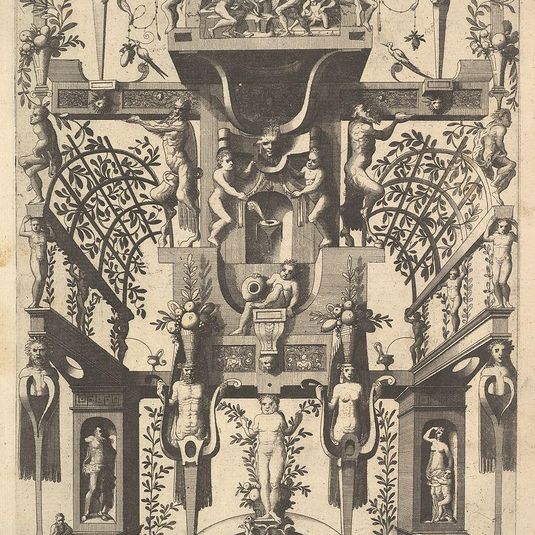 Fantastic Architecture Structure with Strapwork and Two Pergolas and a Small Scene with Vulcan's Forge at the Top