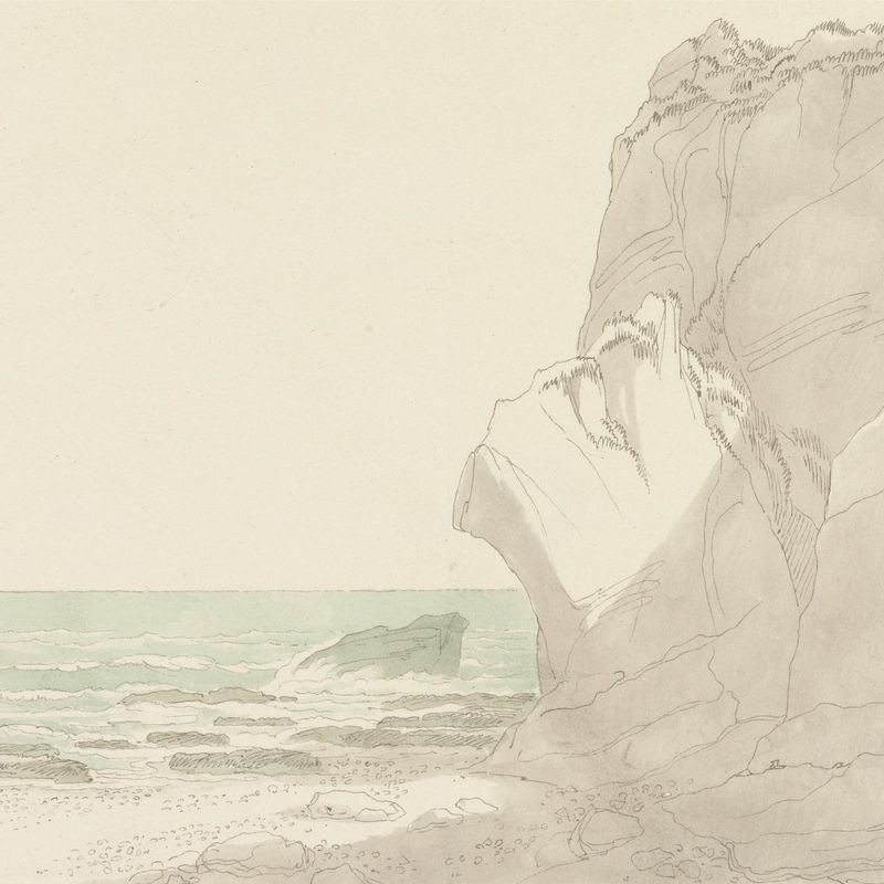The Warren near Exmouth, Devon: Steep Cliffs Rising at Right, Sea and Rocky Shore at Left