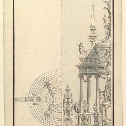Half Elevation and Half Ground Plan for a Catafalque: Columns Supporting a Stepped Dome with 2 Obelisks Surmounted by Figure of Fame