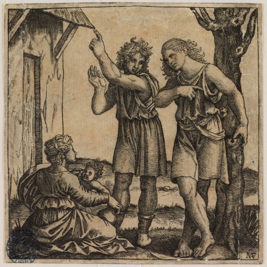 La Jeune mère s'entretenant avec deux hommes d'après Francesco Francia (?) (Bartsch 432 - Bartsch illustré tome 27 (volume 14, 2ème partie), page 116)