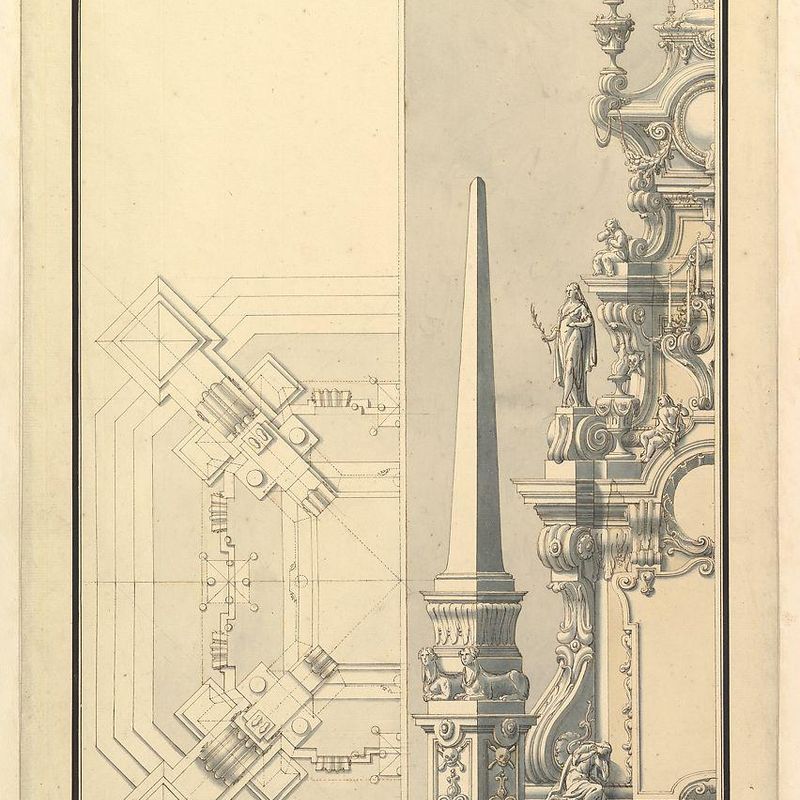 Half elevation and half ground plan for a catafalque for Margherite Louise d'Orleans, Granduchess of Tuscany (1645-1721)