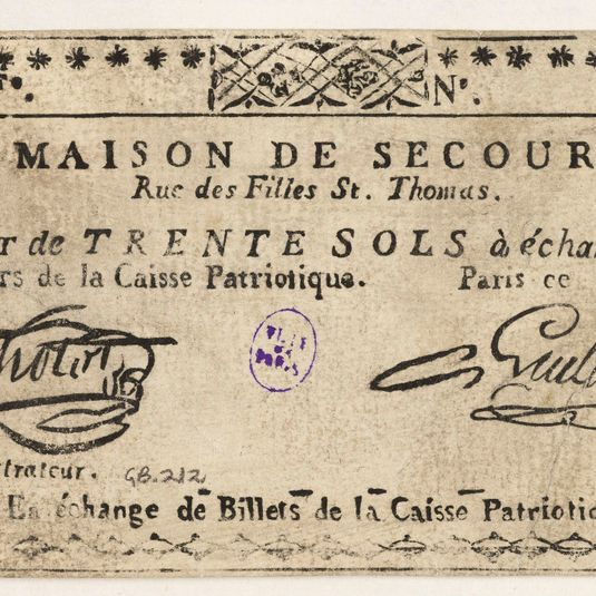 Billet de 30 sols, maison de secours rue des filles Saint-Thomas, 18 7bre 1791