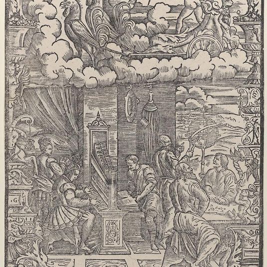 In upper section Mercury in a chariot drawn by two cocks, below musicians and astronomers, from 'The Seven Planets'