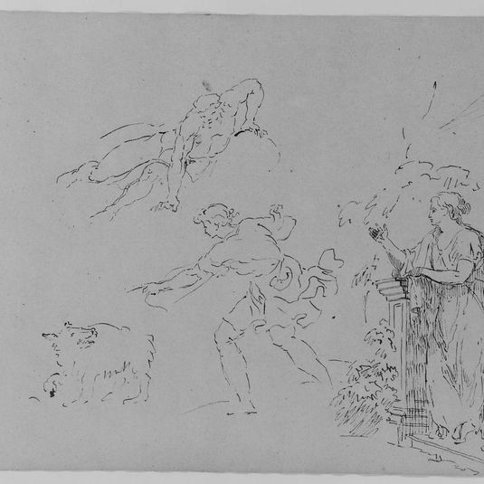Male [Breaking Fall]; Male Gesturing Toward Dog; Female on Step Leaning Against Column by Foliage (from Sketchbook)