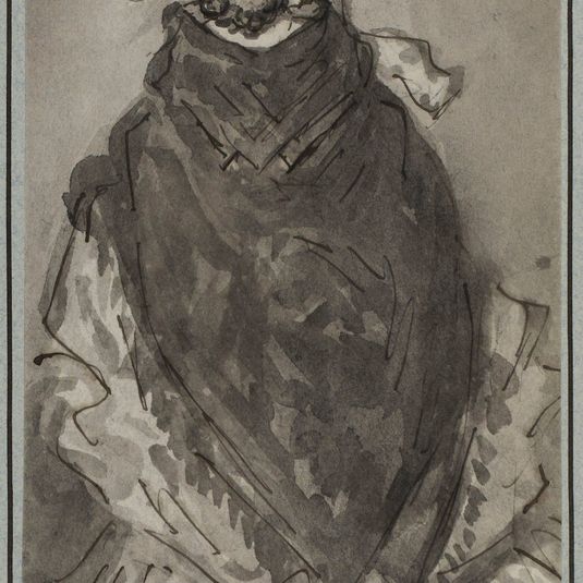 Étude de femme en pied, vue de dos, avec son manteau et sa capote