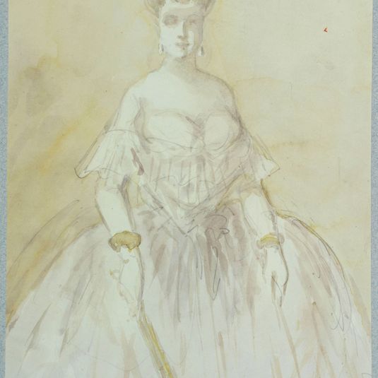 Étude de femme à mi-corps, robe décolletée, un éventail fermé à la main droite
