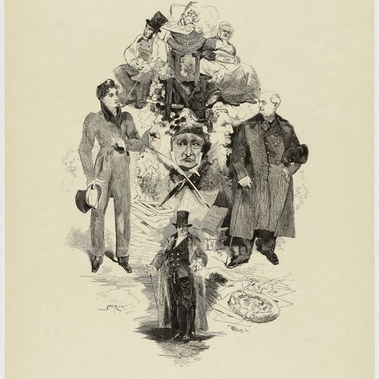 Henry Monnier. Portraits et transformations : 1-Henry Monnier en 1822 (d'après une aquarelle de Chalon), 2-Henry Monnier en 1873 (Phot. Trinquart), 3-"La famille improvisée". Rôle du Maquignon, 4-"Le roman de la portière". Rôle de Mme Desjardins, 5-"La...