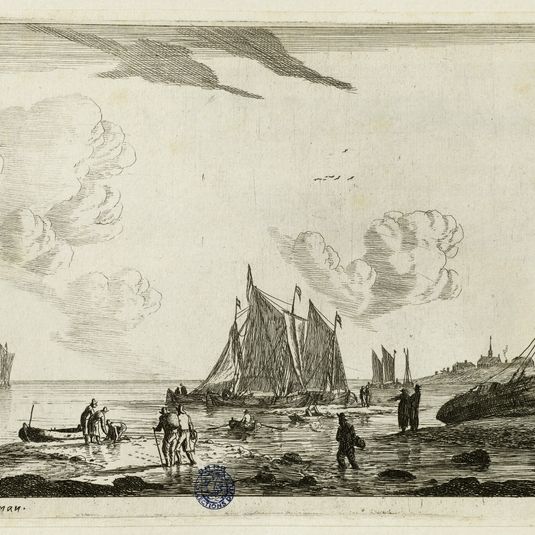 Quelque ports de fleuve n°7 : Vue d'une plage avec des ketchs et d'autres bateaux de pêche (Hollstein 110)