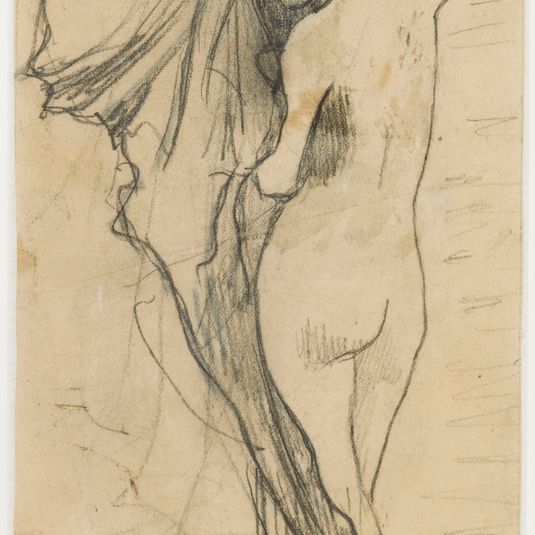 Femme nue de dos tenant un drapé flottant