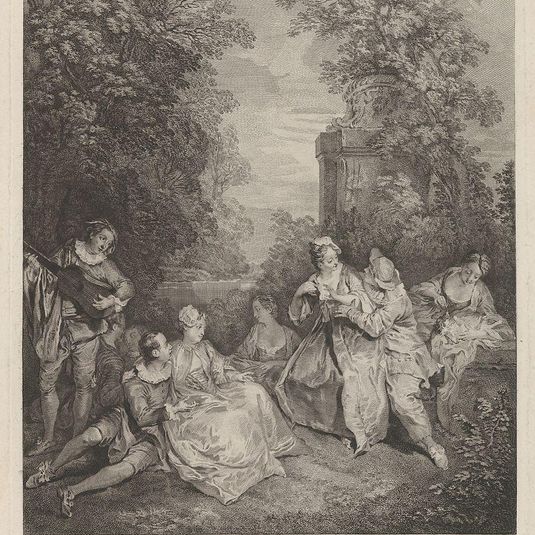 'Gallant conversation' (Conversation galante): couples engage in conversation in a garden setting, at left a musician plays for the group, at right a woman holds a reclining lap dog