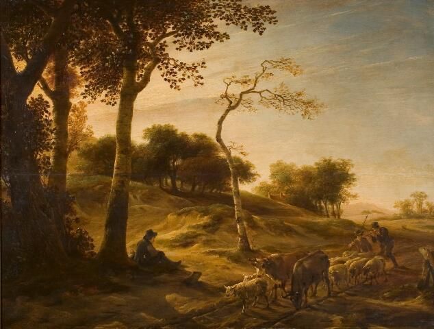 Duinlandschap met bomen, kudde vee en herders