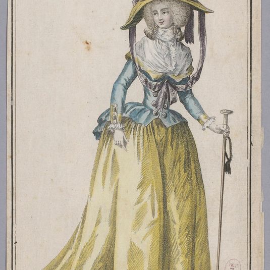 Jupe jaune citron, veste bleue à double boutonnage doré, grand chapeau à ruban violet, planche n° 7, Magasin des modes, 19e cahier, 2e année, Fonds d'estampes du XVIIIème siècle