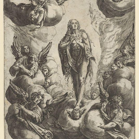 Mary Magdalen standing on clouds, being transported to heaven by angels