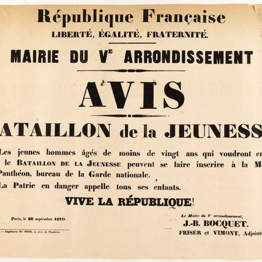 République Française/ LIBERTE, EGALITE, FRATERNITE./ MAIRIE DU V E ARRONDISSEMENT/ AVIS/ BATAILLON DE LA JEUNESSE