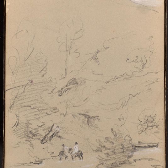 Two Men on Horses Crossing a Stream