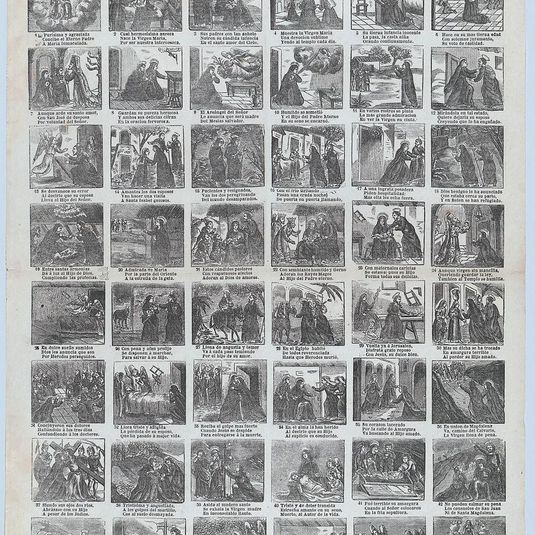 Broadside with 48 scenes of the life of the Virgin