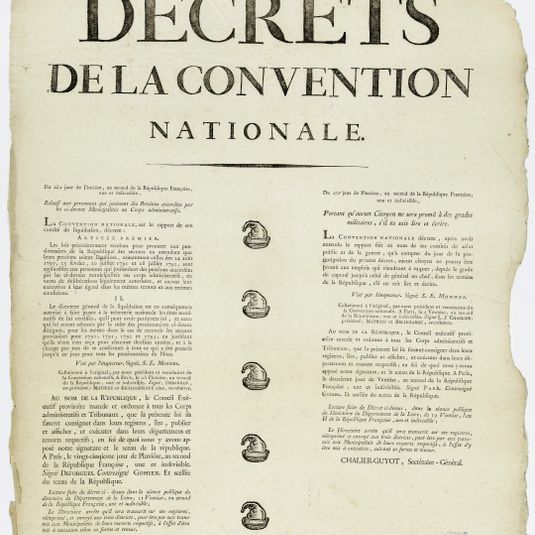 DECRETS/ DE LA CONVENTION/ NATIONALE./ Du 23e. jour de Pluviôse, an second de la République Françoise [sic],/ une et indivisible,/ Relatif aux personnes qui jouissent des Pensions accordées par/ les ci-devant Municipalités ou Corps administratifs.