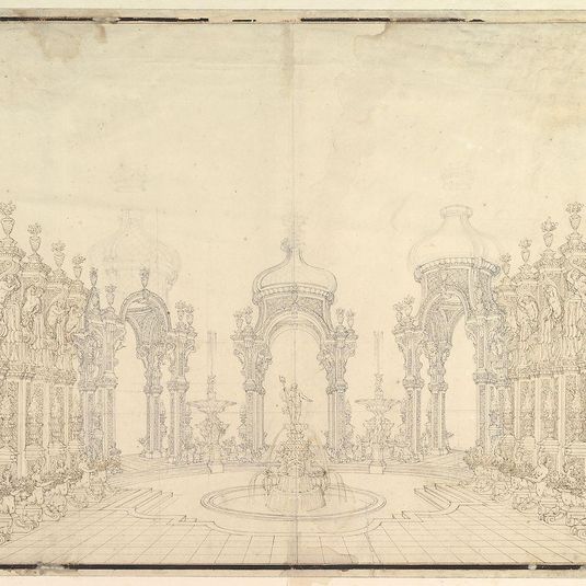 Designs for Stage Set: Three Pavillions in Background with "Oriental" (Ogival) Cupolas with Two Small Fountains between Them. in Foreground, a large Fountain with Dolphins Surmounted by Neptune.