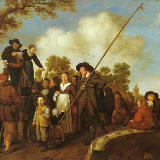 An itinerant ballad reader on a bridge