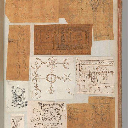 Page from a Scrapbook containing Drawings and Several Prints of Architecture, Interiors, Furniture and Other Objects