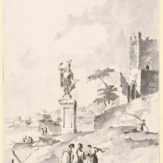 Capriccio with a Statue of a Warrior and a Ruined Castle on the Shore of the Lagoon