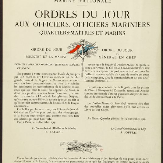REPUBLIQUE FRANCAISE/ LIBERTE - EGALITE - FRATERNITE/ MARINE NATIONALE/ ORDRES DU JOUR/ AUX OFFICIERS, OFFICIERS MARINIERS/ QUARTIERS-MAITRES ET MARINS