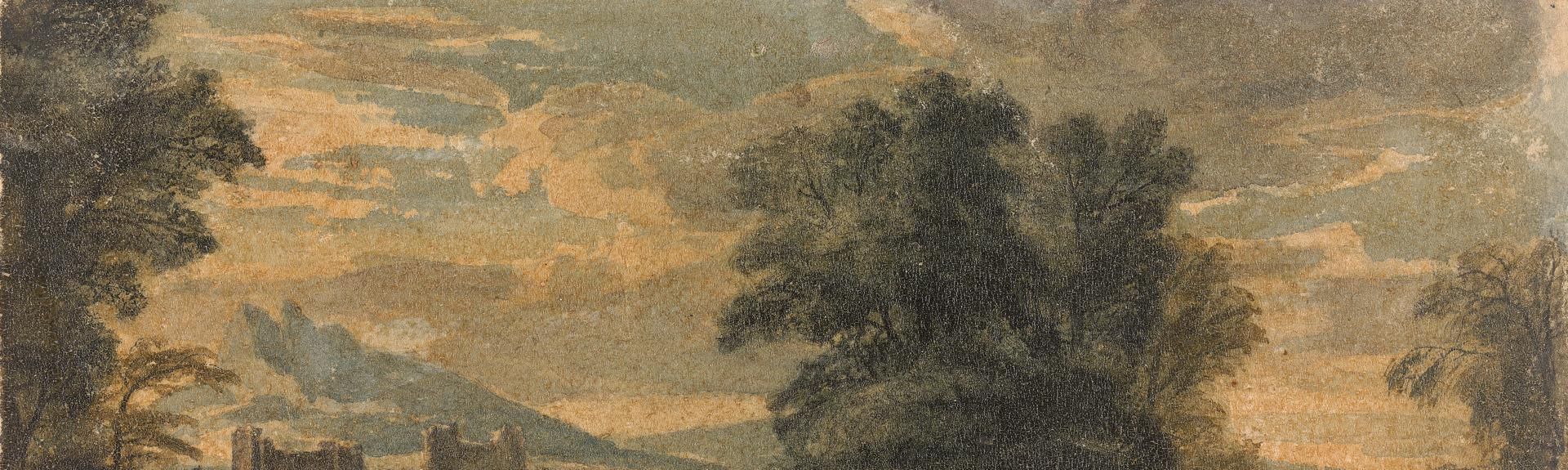Landscape with Mountains, Castle, Trees and Lake