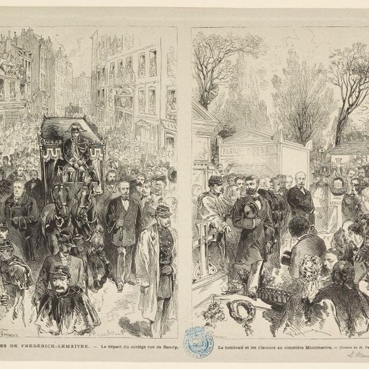 Les Obsèques de Frédérick-Lemaître. - Le départ du cortège de Bondy. Le tombeau et les discours au cimetière Montmartre.