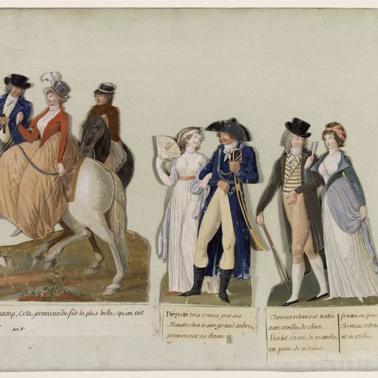 Cavalière et cavaliers allant à Longchamp.