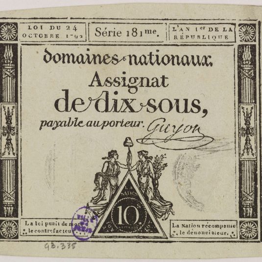 Assignat de 10 sous, série 181me, 24 octobre 1792