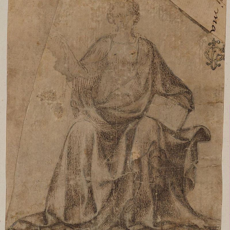 Seated Female Figure Holding a Book and a Scroll (?)