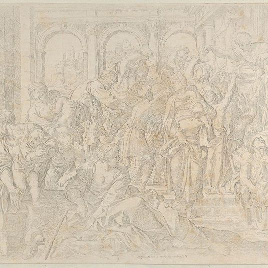 Saint Roch at right distributing alms to a group of people gathered around him, after Annibale Caracci