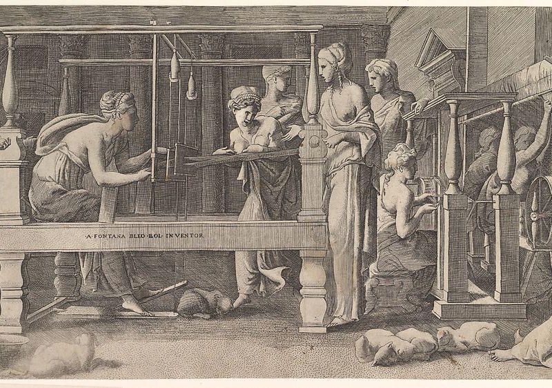Women spinning, weaving and sewing