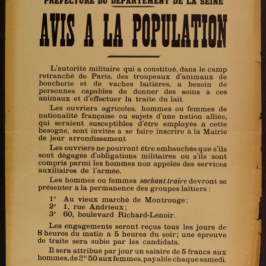 REPUBLIQUE FRANCAISE/ Liberté - Egalité - Fraternité/ PREFECTURE DU DEPARTEMENT DE LA SEINE/ AVIS A LA POPULATION