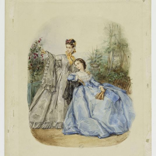 Femme en robe grise et femme en robe bleue dans un jardin, Fonds d’archives graphiques de Maurice Leloir