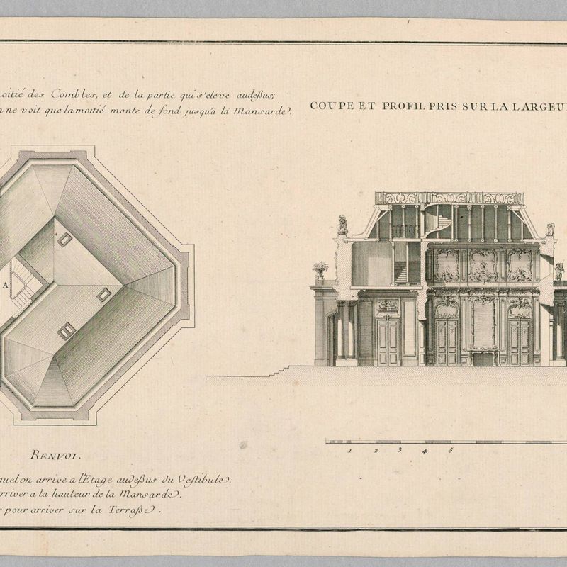 Plan of Half of the Roof Seen from Ground Level to Mansarde Roof; Section of Building's Width