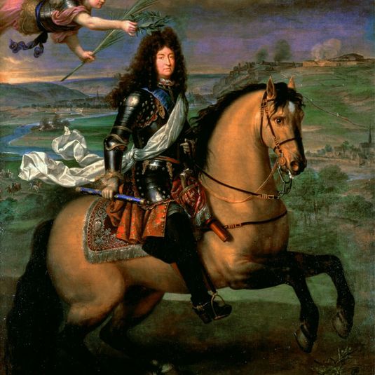 Louis XIV on horseback crowned with Victory before the siege of Namur