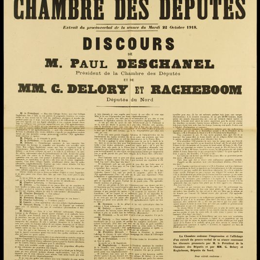 REPUBLIQUE FRANCAISE/ LIBERTE - EGALITE - FRATERNITE/ CHAMBRE DES DEPUTES/ Extrait du procès-verbal de la séance du Mardi 22 Octobre 1918./ DISCOURS/ DE/ M. PAUL DESCHANEL/ Président de la Chambre des Députés/ ET DE/ MM. G. DELORY ET RAGHEBOOM/ Députés...