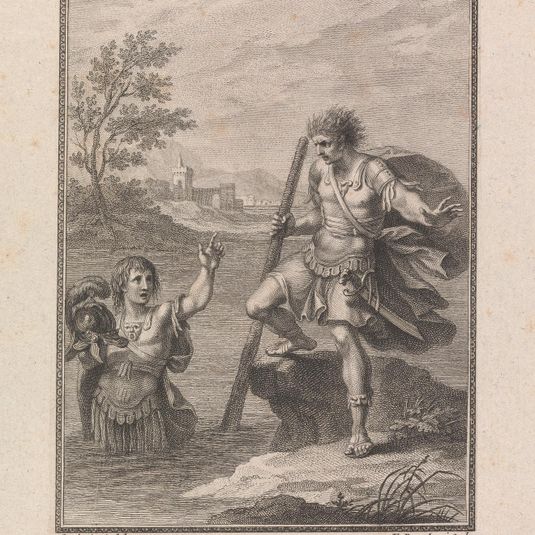 A Plate from Orlando Furioso: Vede di mezzo il fiume un cavaliero / Insino al petto uscir, d'aspetto fiero