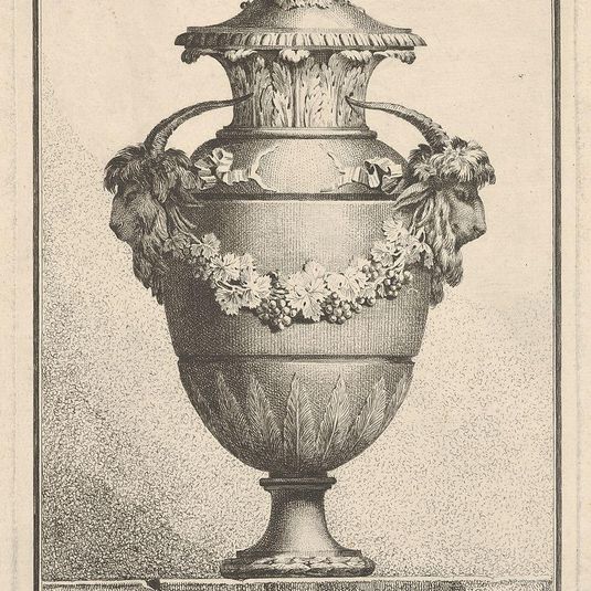 Design for a covered vase with two goat heads and a garland