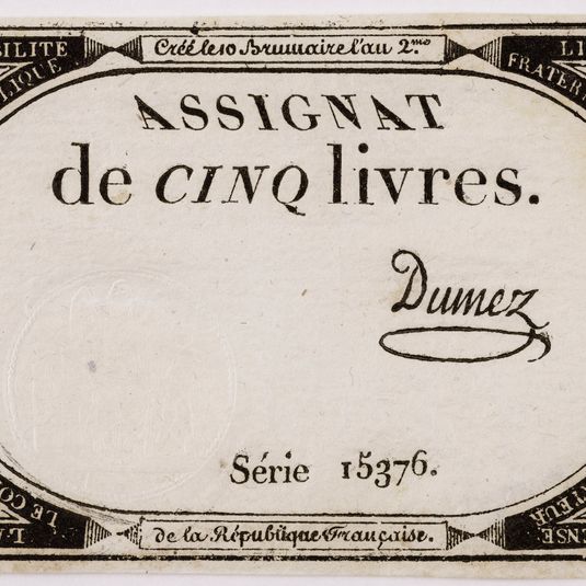 Assignat de 5 livres, série 15376, 10 brumaire an 2