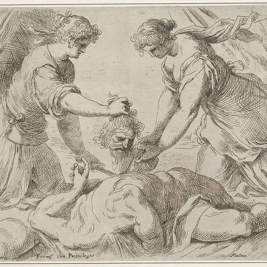 Judith placing the head of Holofernes onto a cloth held by another female figure, the foreshortened body of Holofernes gushes with blood from the neck